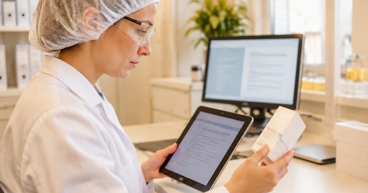 A regulatory specialist in hair cover and glasses compares a medicine carton label against approved labeling on a tablet