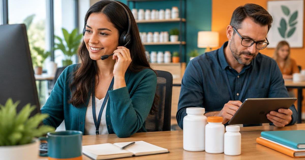 Adverse event reporting: a supplement company staff member takes a customer call on a headset while a quality colleague reviews the case on a tablet