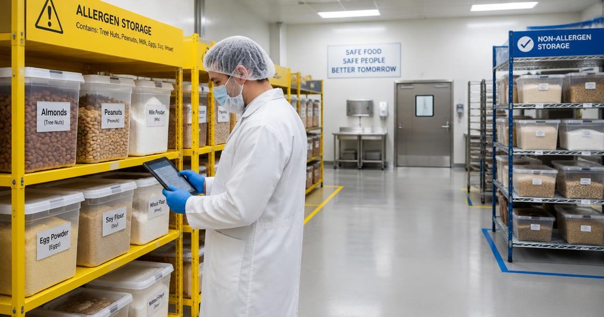 Protected worker checking containers in a separated allergen storage zone