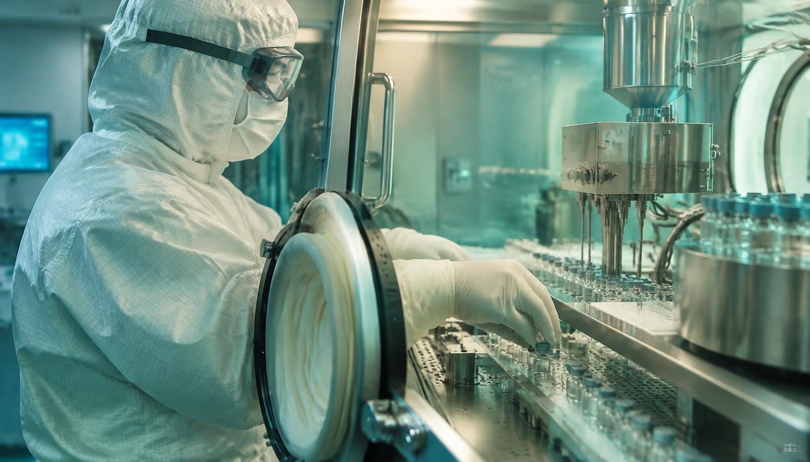 EU GMP Annex 1 (2022): a fully gowned operator working through glove ports at an aseptic vial-filling isolator