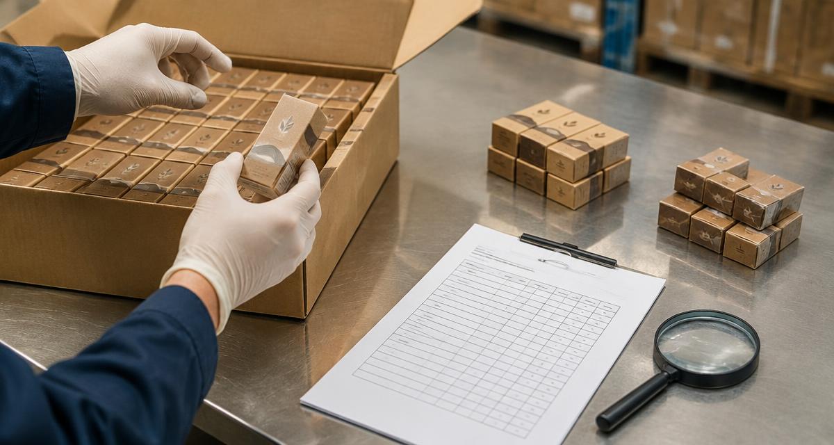 AQL sampling context: an inspector selecting sample units from a carton with a sampling table, magnifying glass and accept and reject piles