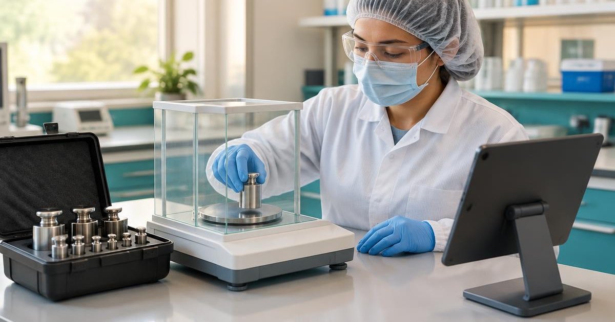As-found and as-left calibration context: a technician in PPE places a reference weight on a precision balance beside a tablet