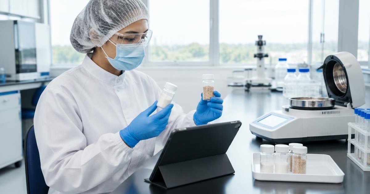 QC technician in hair cover, mask, safety glasses, coat and gloves comparing moisture samples beside a tablet