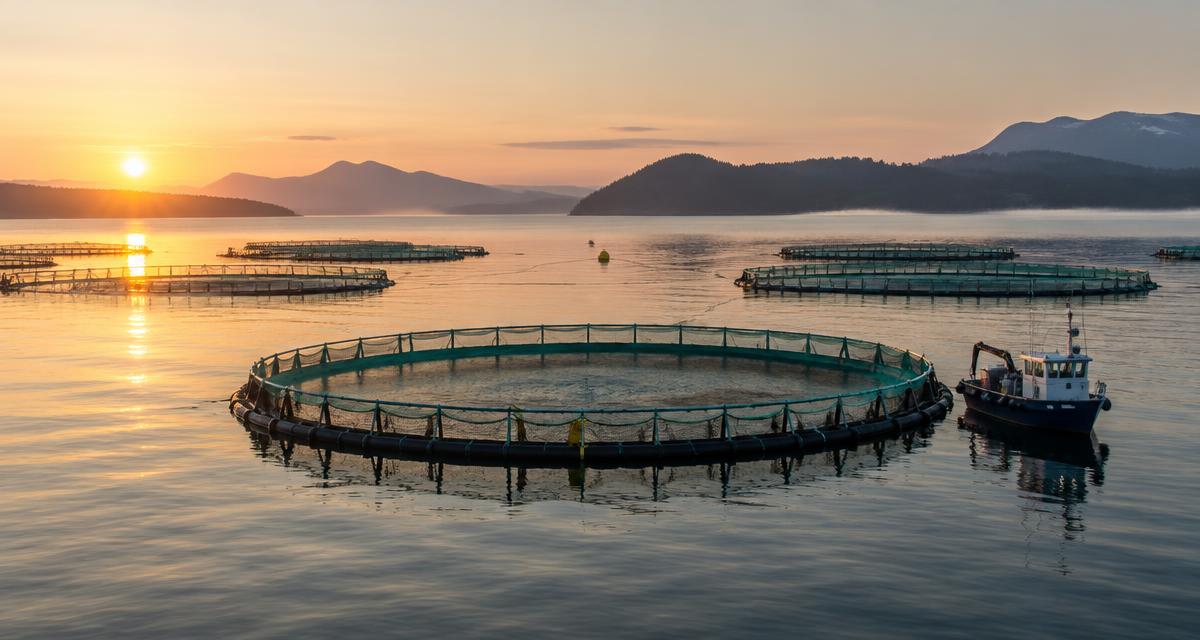 Aquaculture net pens in calm water at dawn
