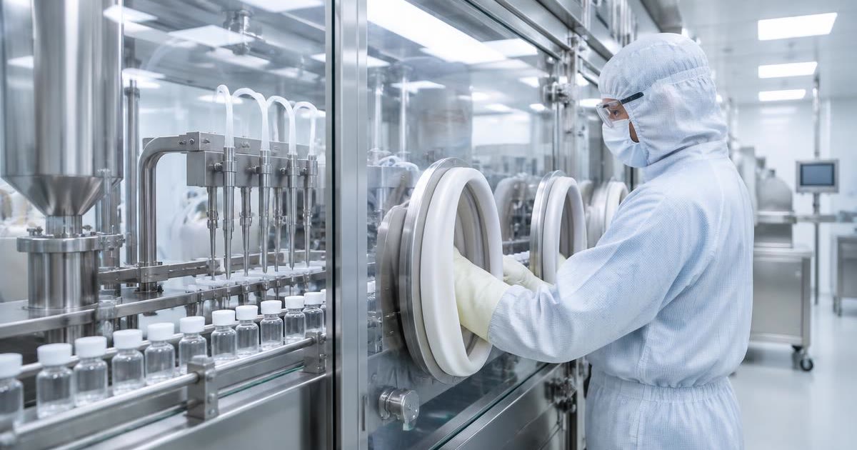 Sterile-gowned operator using glove ports on an aseptic vial filling isolator