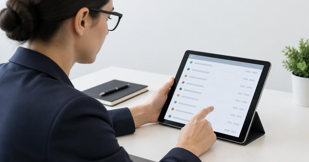 Quality reviewer checks a list of audit trail entries on a tablet