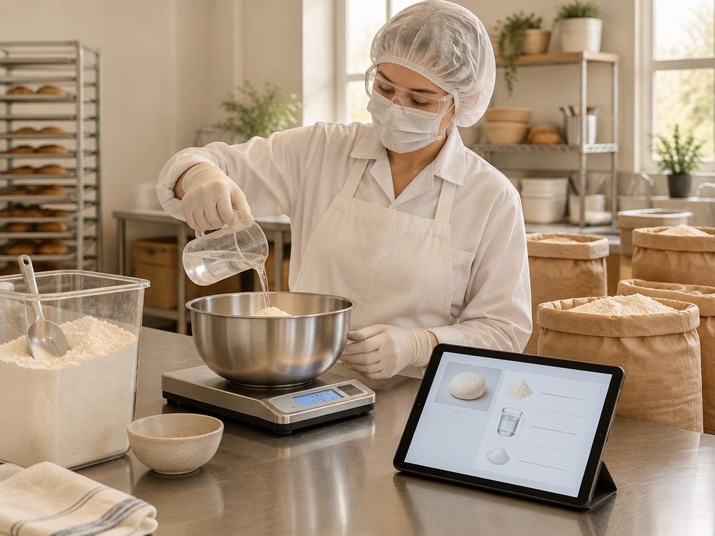 Protected baker pouring water into a mixing bowl on a scale beside a tablet showing a recipe