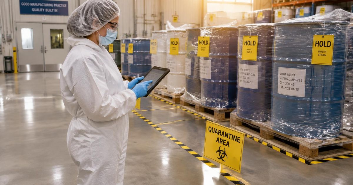 Quality technician in coverall, hair cover, mask and gloves reviewing batch status on a tablet beside drums tagged HOLD in quarantine