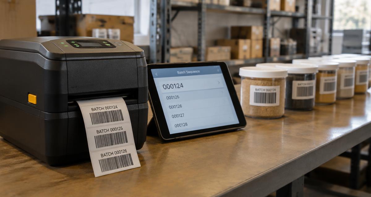 A label printer producing batch ID labels beside a tablet showing a batch numbering sequence
