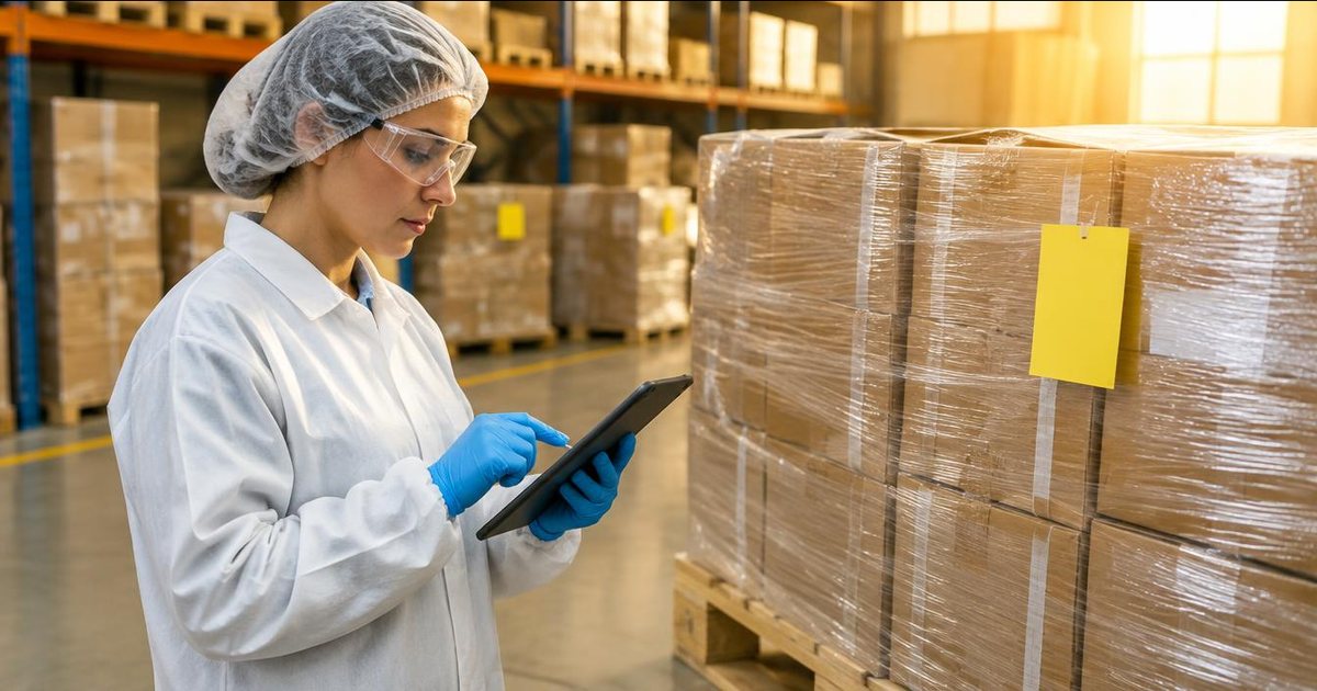 Batch release checklist: a QA reviewer in PPE completes release checks on a tablet beside a tagged pallet