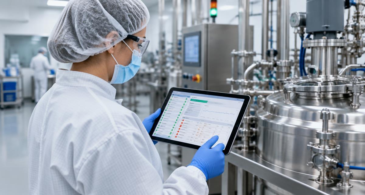 Batch review by exception: a quality reviewer in PPE studies a batch record dashboard with exception flags beside production equipment