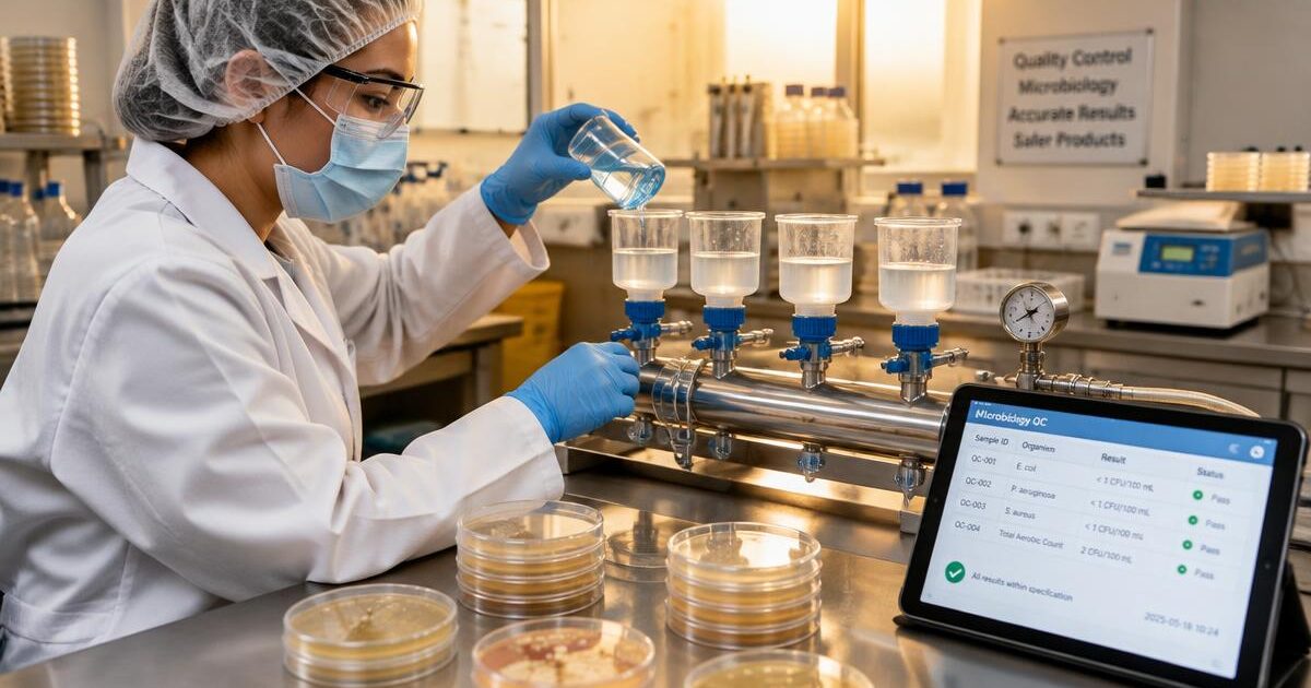 Bioburden monitoring: a microbiology analyst filters liquid samples through a membrane manifold with agar plates on the bench