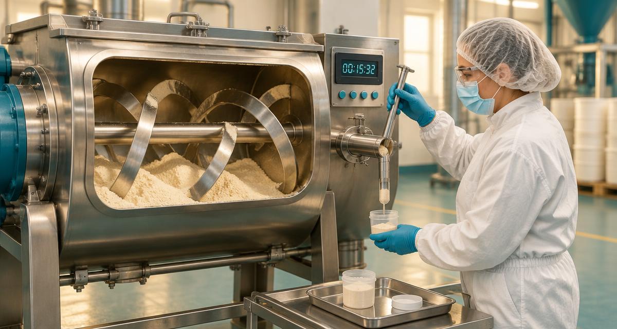 Operator in protective clothing sampling a powder blend from a ribbon blender with a digital timer
