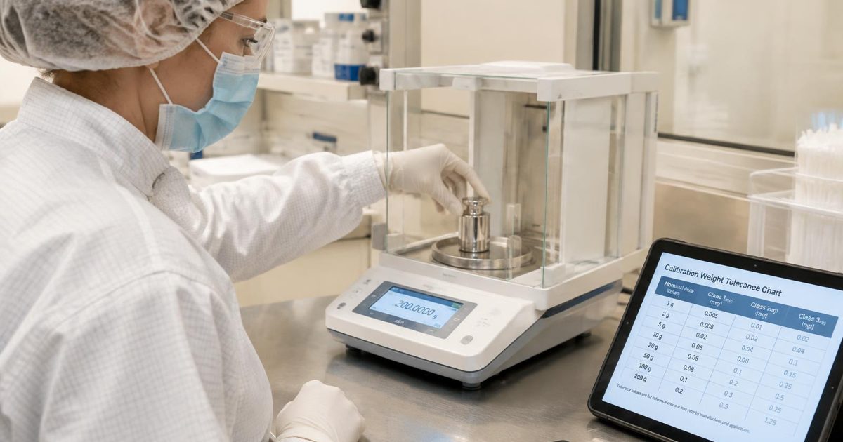 Technician in hair cover, mask, glasses and gloves checking an analytical balance with a calibration weight beside a tablet