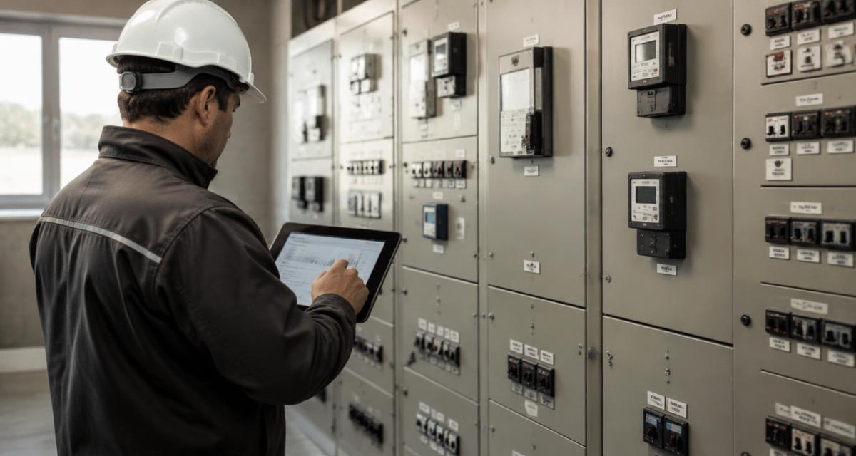 A warehouse manager with a tablet reviewing energy meters on an electrical panel wall