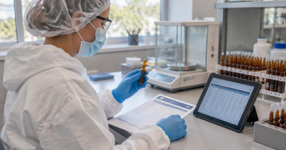 Protected analyst holding a sealed ampoule beside its certificate and a tablet data table