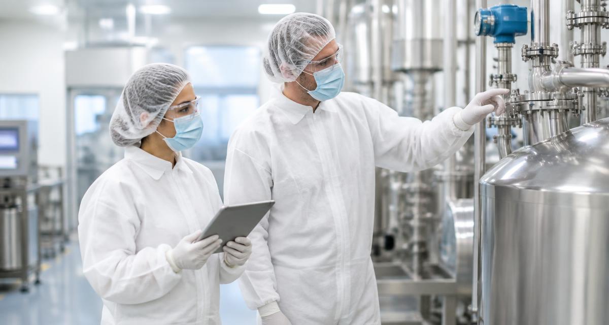 cGMP: two quality staff in hair covers, masks, safety glasses, coveralls and gloves inspect stainless-steel process equipment with a tablet