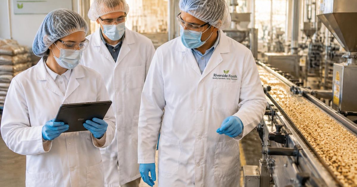 Auditors in hairnets, masks, glasses, coats and gloves walking a supplier production line with a tablet