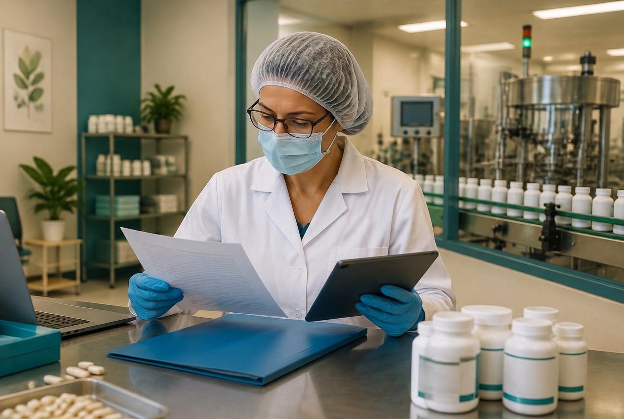CGMP warning letter (dietary supplement) context: protected quality manager reviewing a letter and records beside a capsule line