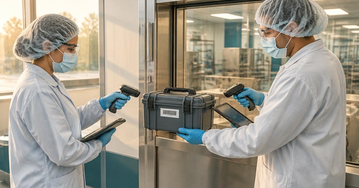 Chain of custody handover: two workers in full PPE scan a sealed sample transport case at a controlled transfer hatch