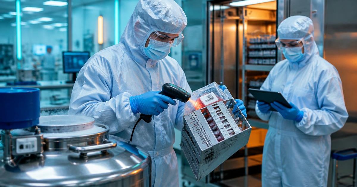 Chain of identity: a gowned cell therapy technician scans a patient-specific cryobag beside a liquid nitrogen dewar while a colleague verifies on a tablet