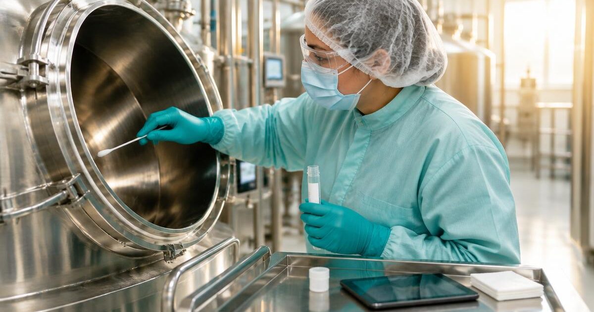 Cleaning validation swab sampling: a technician in PPE swabs the inside of a cleaned stainless steel vessel and holds a sample tube