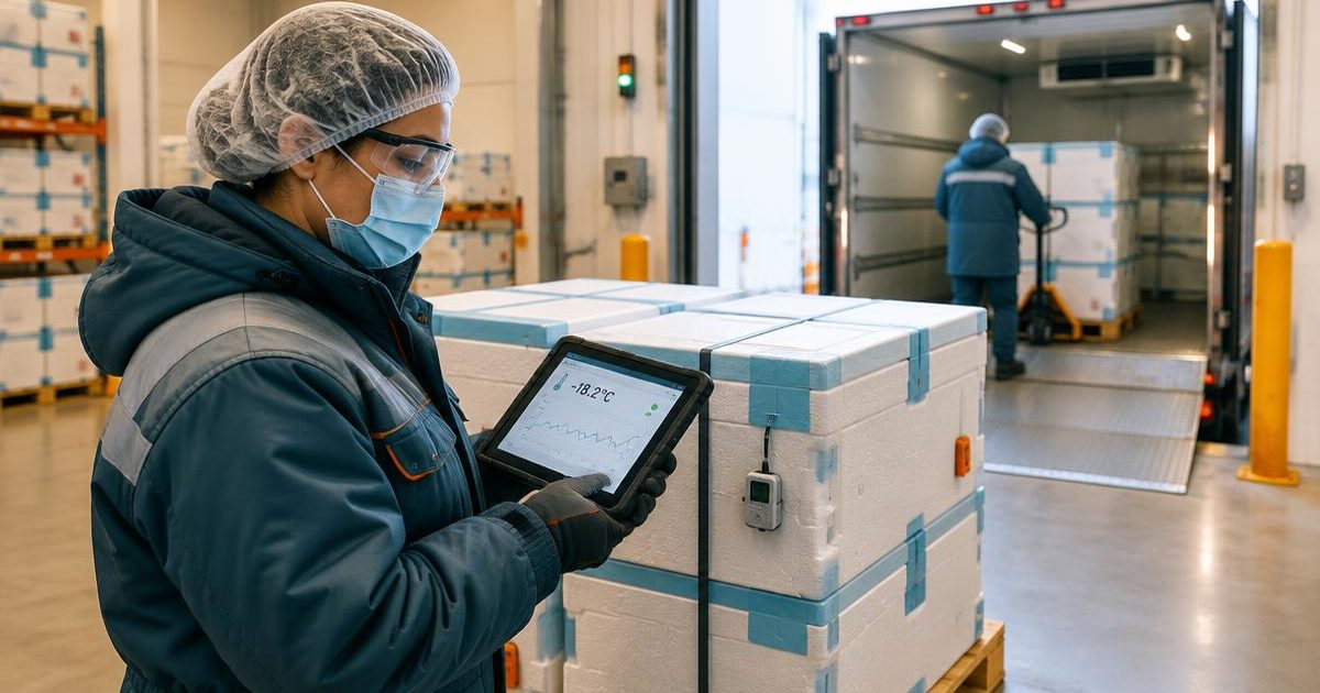 Cold chain: a warehouse operator in hairnet, mask, safety glasses and insulated coat checks a temperature data logger on a tablet beside insulated shipping boxes at a refrigerated dock
