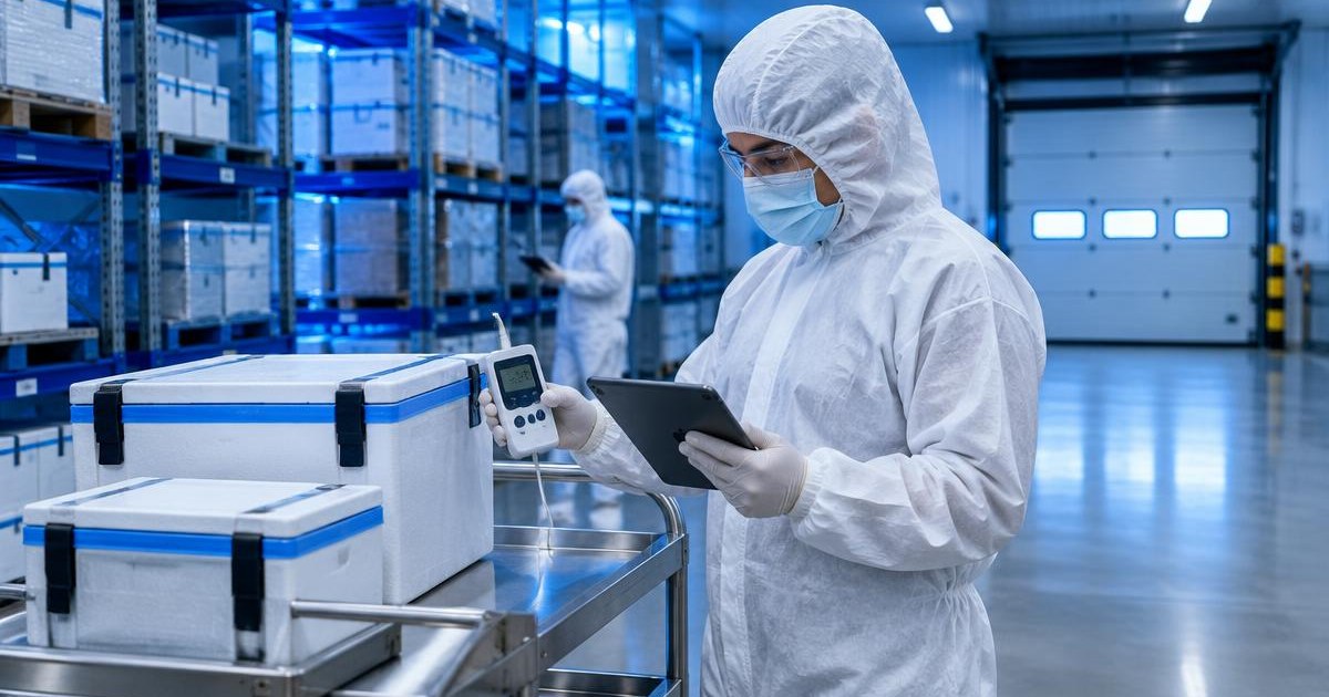 Cold chain warehouse: an operator in a hooded coverall, mask, safety glasses and gloves checks a temperature data logger and tablet beside insulated shipping boxes in refrigerated storage