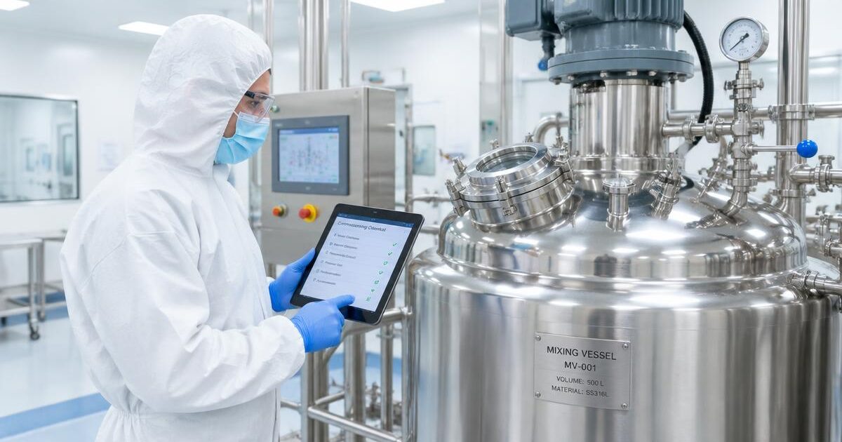 Engineer in protective clothing checks a new mixing vessel against a commissioning checklist on a tablet