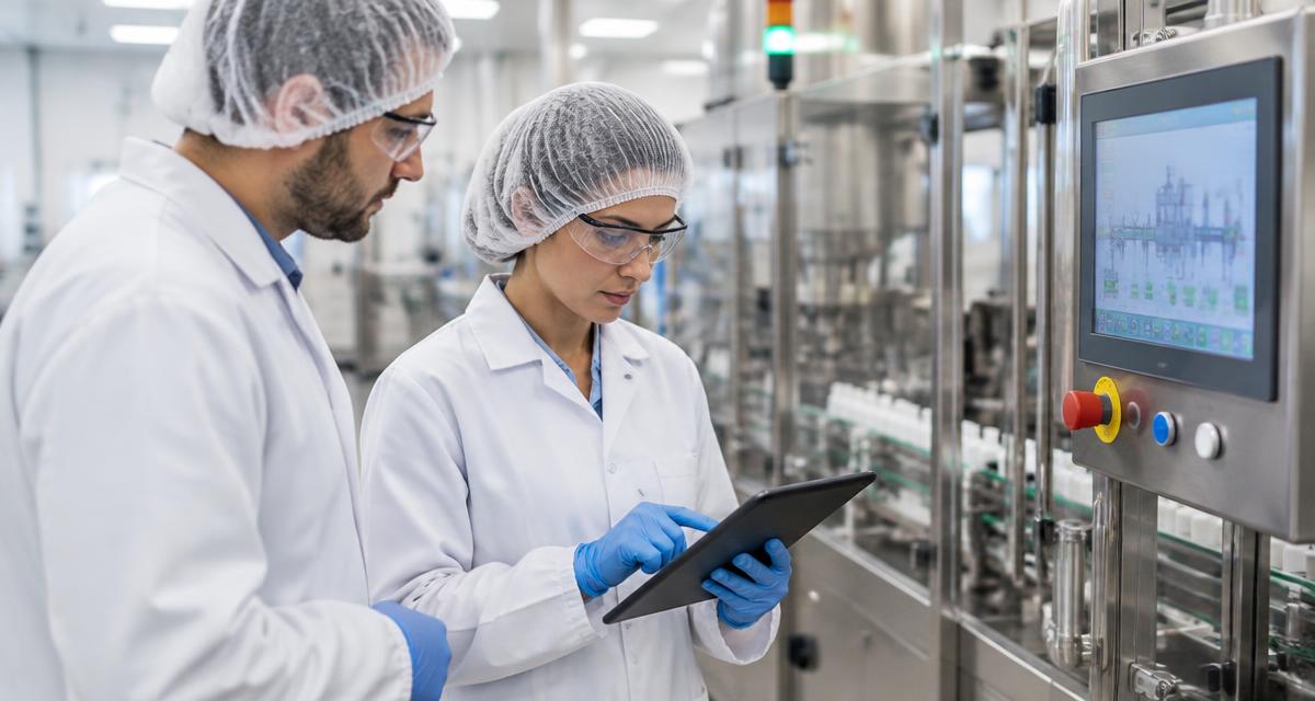 Computer system validation: a validation engineer in a hairnet, safety glasses and gloves reviews a test script on a tablet beside a production-line HMI