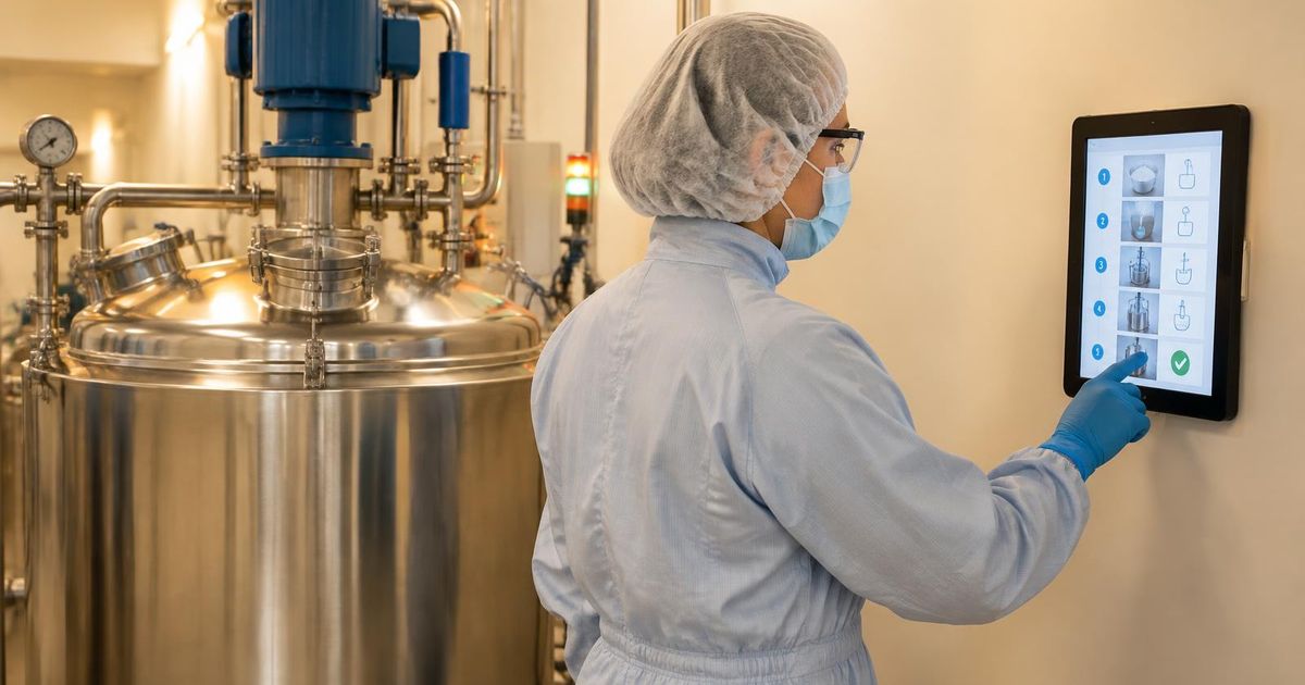 Operator in coverall, hair cover, mask and gloves following step-by-step recipe instructions on a wall tablet beside a mixing vessel