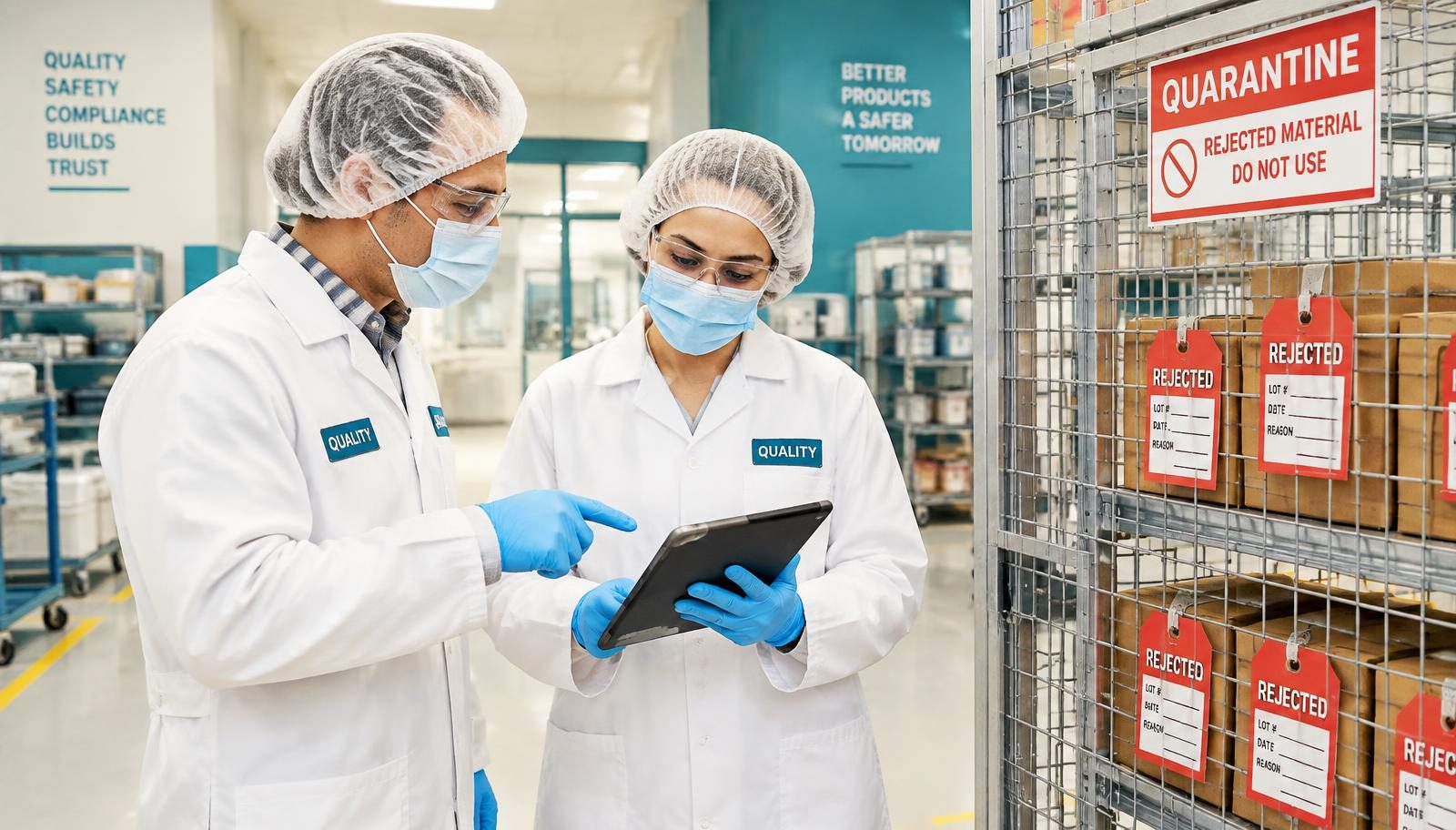 Two quality staff in protective clothing review a rejected supplier lot on a tablet beside a quarantine cage