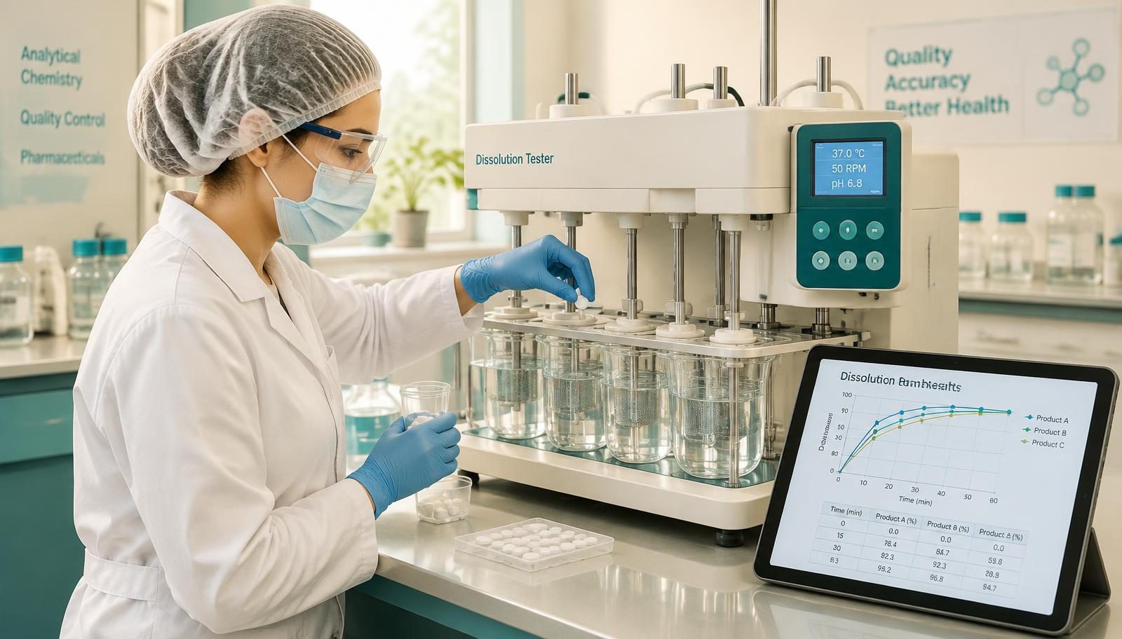 Analytical chemist in protective clothing loads tablets into a dissolution tester with release curves on a tablet
