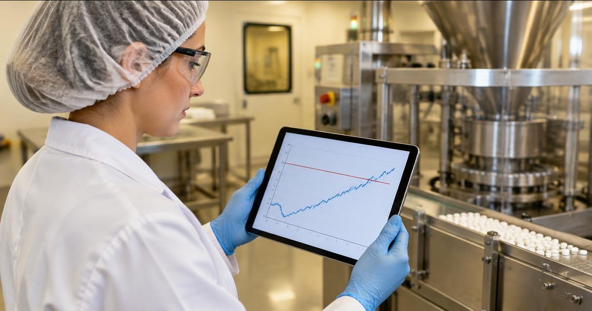 CUSUM control chart: a quality engineer in PPE checks a cumulative sum trend crossing its decision limit on a tablet
