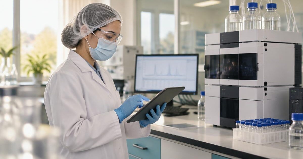 Data integrity in GMP: a gloved, masked QC analyst reviews an instrument audit trail on a tablet beside an HPLC system and sample vials