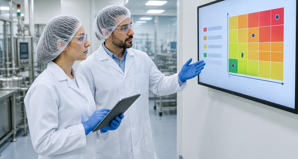 Data integrity risk assessment: two quality professionals in PPE discuss a risk matrix on a wall screen in a pharmaceutical facility
