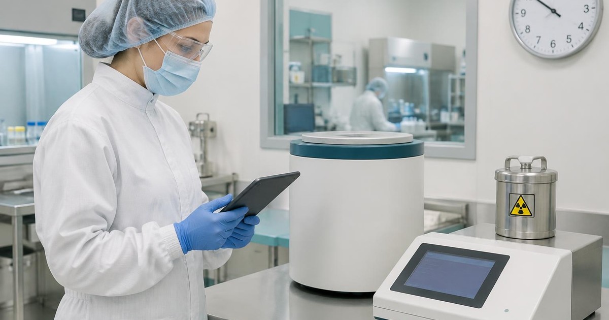 Protected PET colleague recording a measured activity and reference time on a tablet