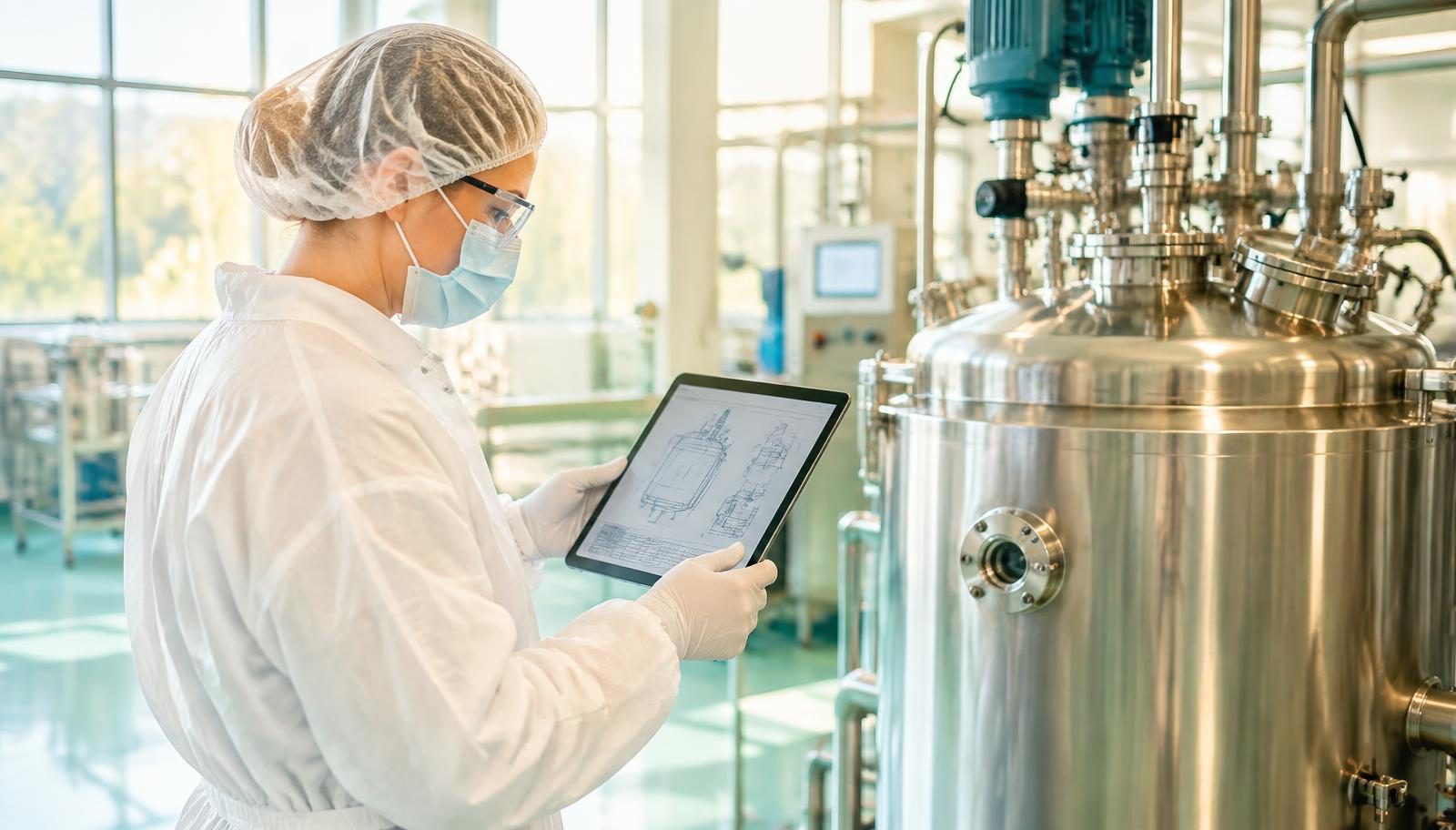 Engineer in hairnet, mask, glasses and coverall reviews vessel design drawings on a tablet beside new process equipment