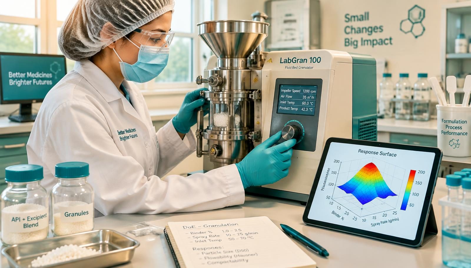 Formulation scientist in protective clothing adjusts a lab granulator while a tablet shows a response surface plot