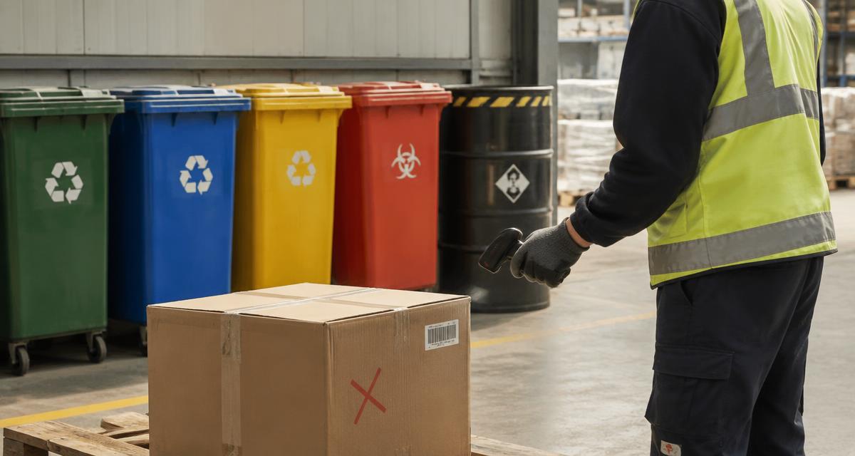 Warehouse worker in hi-vis scanning a condemned box beside colour-coded waste bins and a sealed drum