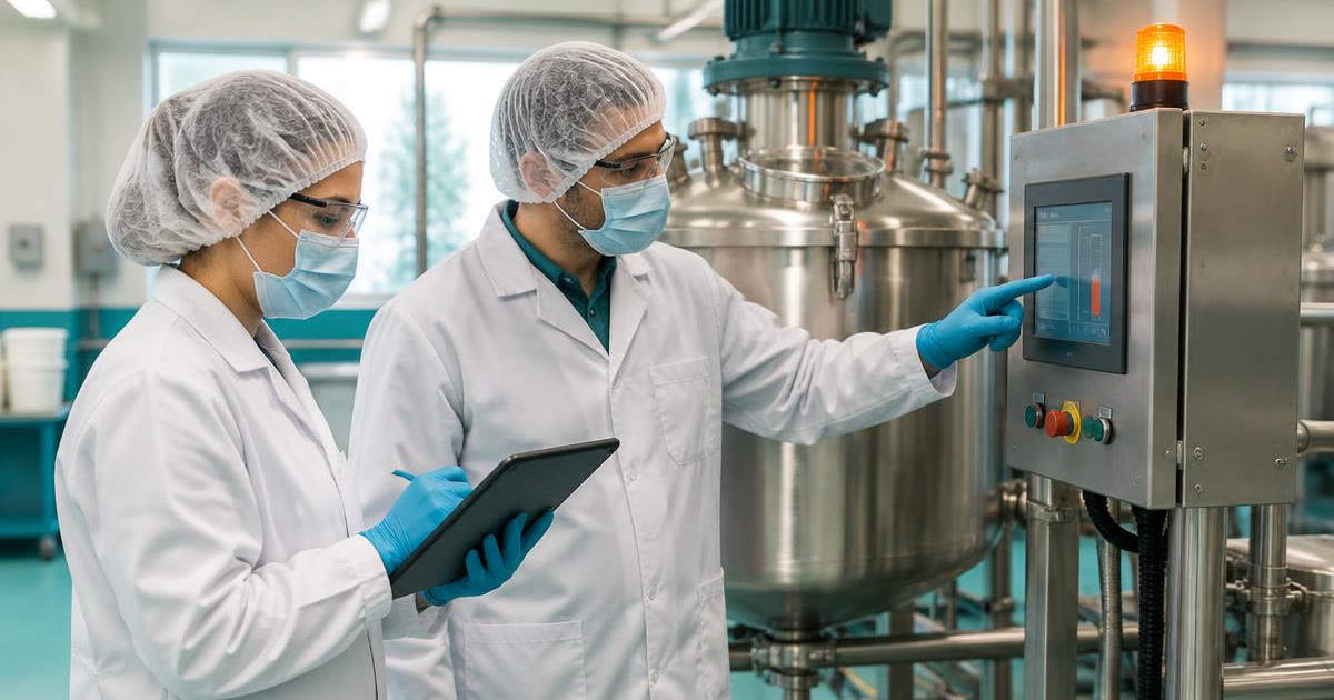 Deviation on the production floor: an operator in PPE points at an unexpected reading on a mixer control panel while a supervisor records the deviation on a tablet