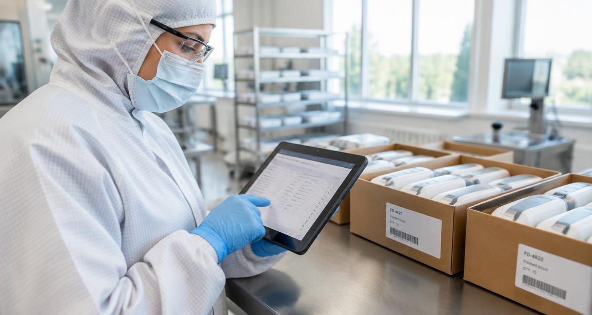 Protected medical-device quality reviewer checking a device history record on a tablet beside labeled finished devices