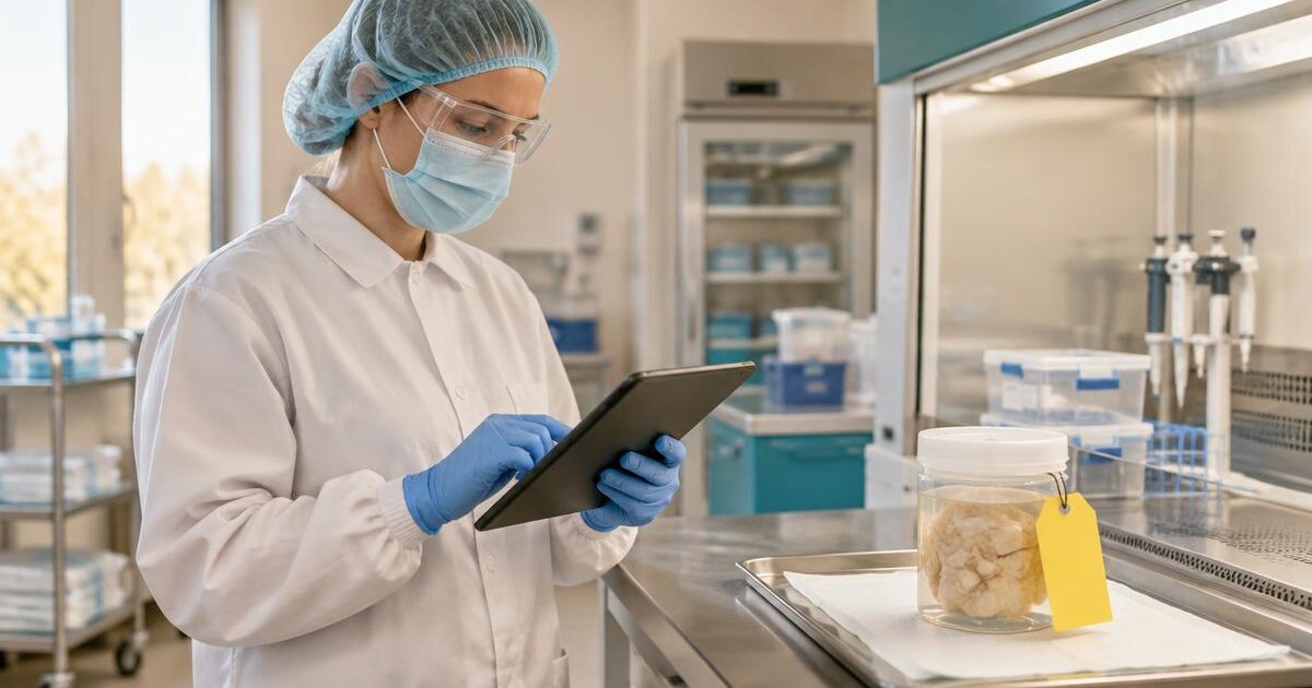 Protected tissue establishment colleague reviewing a donor record beside a quarantine-tagged tissue container