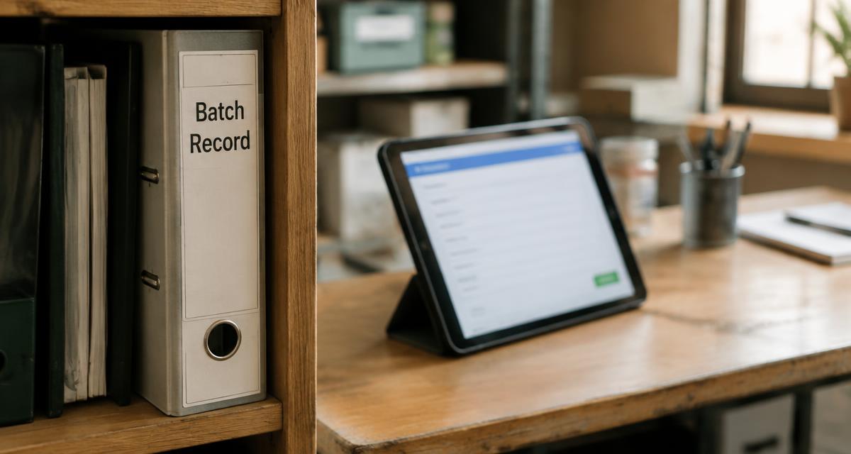 A paper batch record binder on a shelf beside a tablet showing a live updating form