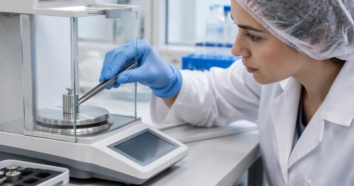 Technician placing a calibration weight off-centre for a balance eccentricity check