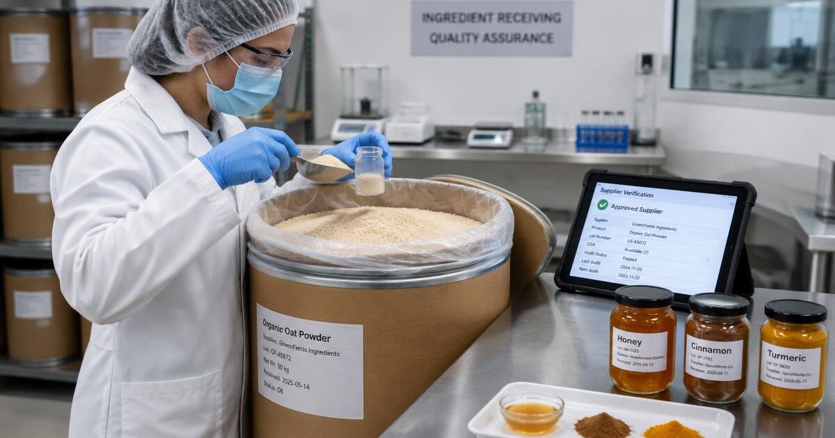 Receiving technician in hair cover, mask, glasses and gloves sampling an ingredient drum with supplier verification on a tablet