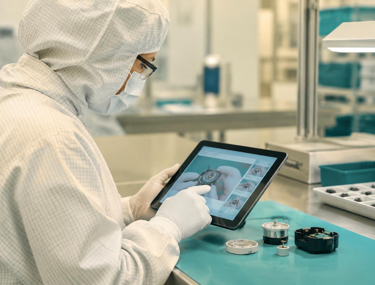Cleanroom operator in hood, mask, glasses and gloves recording a device assembly step on a tablet