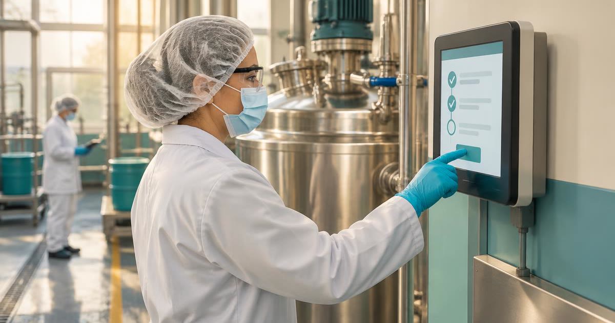 Electronic batch record: an operator in PPE signs off a production step on a touchscreen beside a mixing tank