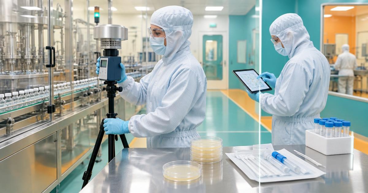 Environmental monitoring program: cleanroom technicians collect an active air sample and record the planned sampling location