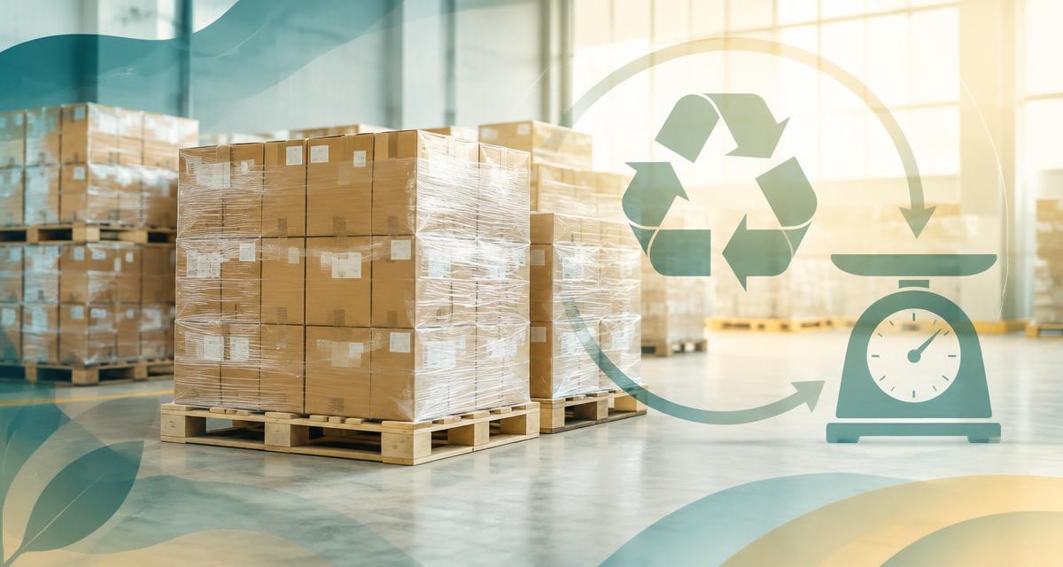 Wrapped pallets of boxes in a warehouse with a recycling-loop and weighing-scale motif